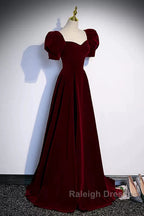 Cute Short Sleeves Burgundy Long Prom Dress