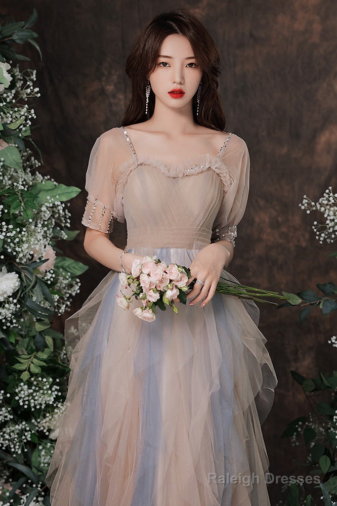 Cute Short Sleeves Layers Tulle Long Party Dress, A-Line Prom Dresses Secondary image