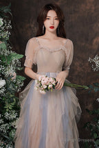 Cute Short Sleeves Layers Tulle Long Prom Dresses A-Line Prom Dress