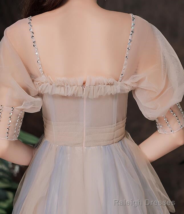 Cute Short Sleeves Layers Tulle Long Prom Dresses A-Line Prom Dress