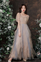 Cute Short Sleeves Layers Tulle Long Party Dress, A-Line Prom Dresses