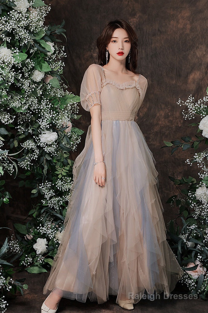 Cute Short Sleeves Layers Tulle Long Party Dress, A-Line Prom Dresses