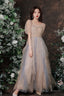 Cute Short Sleeves Layers Tulle Long Party Dress, A-Line Prom Dresses