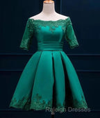 Cute Short Sleeves Satin Knee Length Party Dress, Short Homecoming Dress