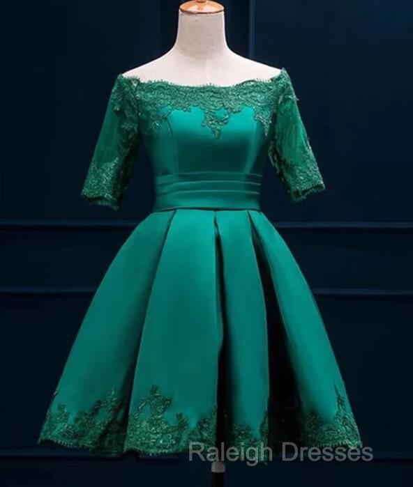 Cute Short Sleeves Satin Knee Length Party Dress, Short Homecoming Dress