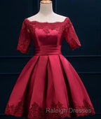 Cute Short Sleeves Satin Knee Length Prom Dresses Short Homecoming Dresses