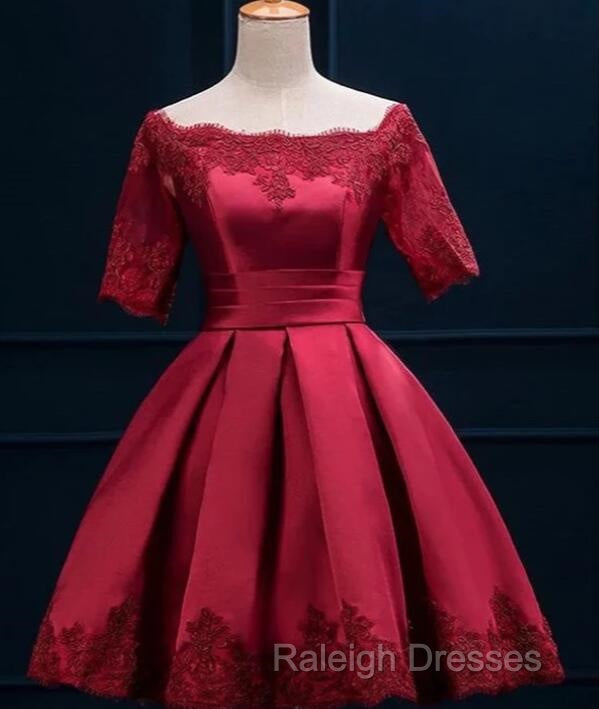 Cute Short Sleeves Satin Knee Length Prom Dresses Short Homecoming Dresses