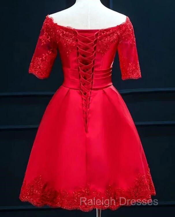 Cute Short Sleeves Satin Knee Length Prom Dresses Short Homecoming Dresses
