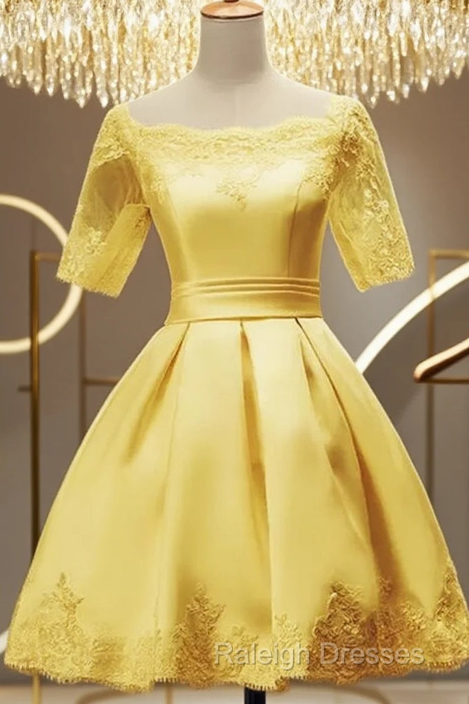 Cute Short Sleeves Satin Knee Length Party Dress, Short Homecoming Dress Main image