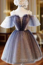 Cute Short Tulle Lace Spaghetti-Straps V-Neck Prom Dresses, Homecoming Dresses