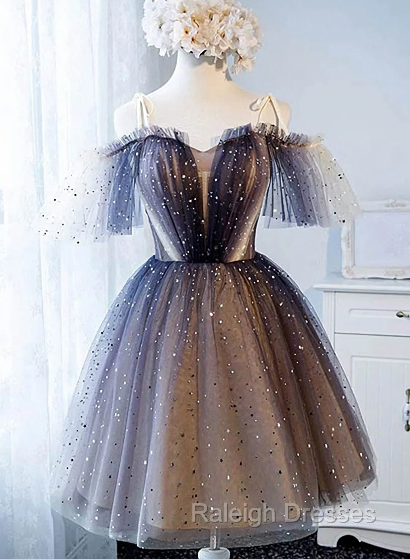 Cute Short Tulle Lace Spaghetti-Straps V-Neck Prom Dresses, Homecoming Dresses Secondary image