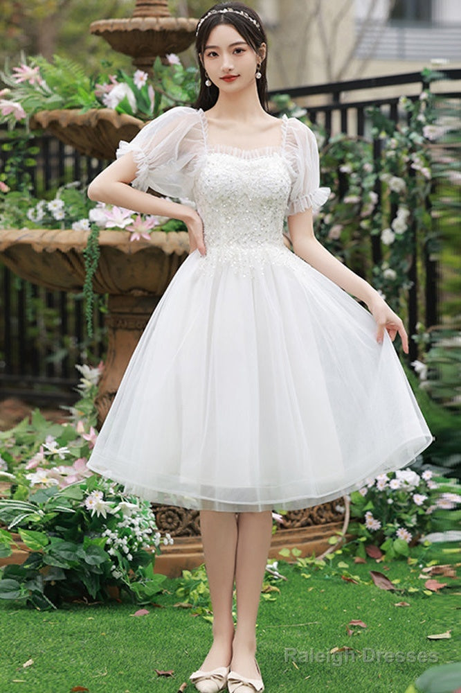 Cute Short Tulle Party Dress With Beadings, White Formal Dress Graduation Dress