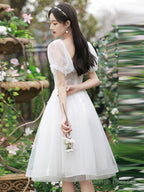 Cute Short Tulle Party Dress With Beadings, White Formal Dress Graduation Dress