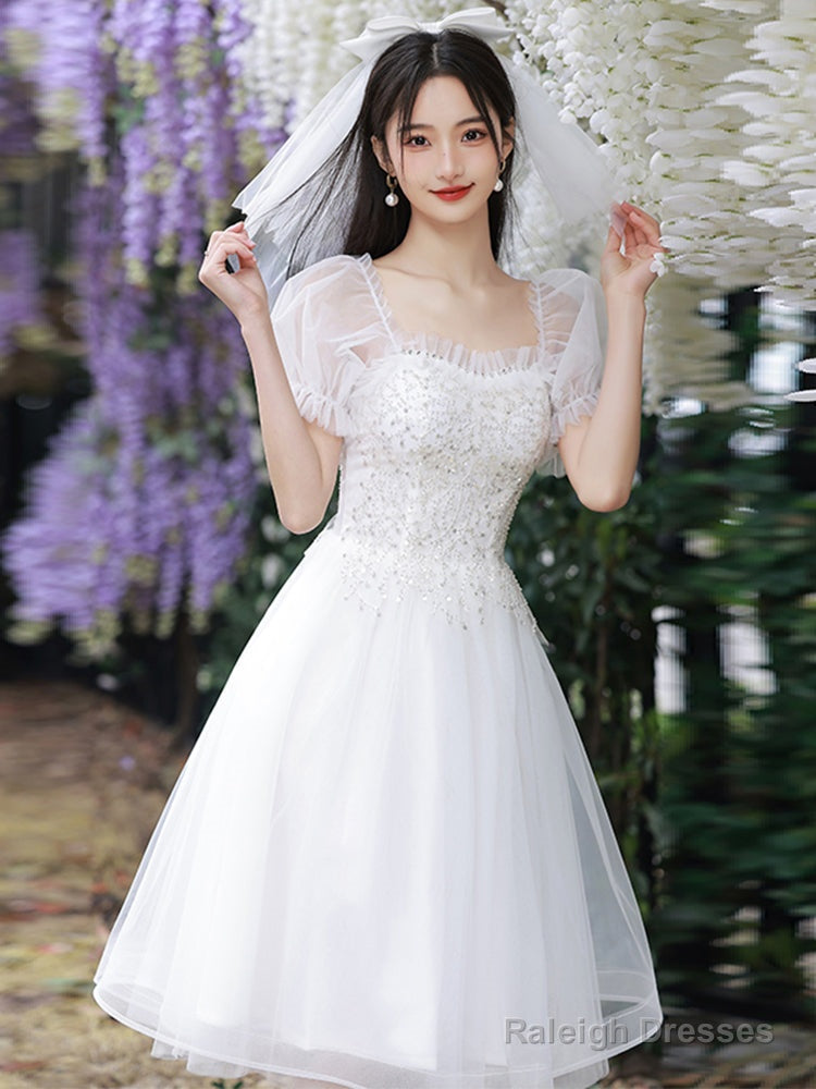 Cute Short Tulle Prom Dresses With Beadings White Prom Dresses Graduation Dresses