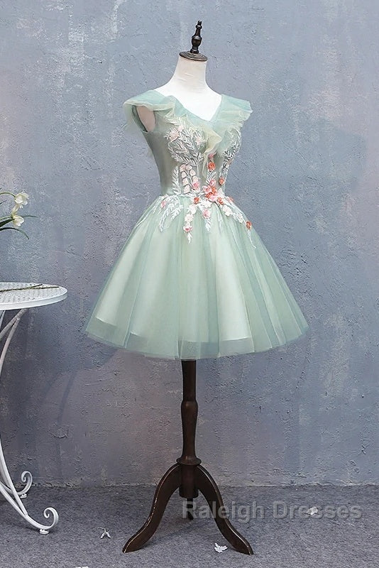Cute Short Tulle V Neckline With Flower Lace Prom Dresses Homecoming Dresses Short Prom Dress Secondary image
