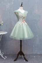 Cute Short Tulle V Neckline With Flower Lace Prom Dresses Homecoming Dresses Short Prom Dress