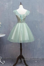 Cute Short Tulle V Neckline With Flower Lace Prom Dresses Homecoming Dresses Short Prom Dress