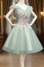 Cute Short Tulle V Neckline With Flower Lace Prom Dresses Homecoming Dresses Short Prom Dress