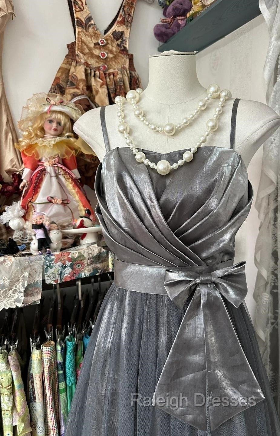 Cute Silver Grey A-Line Spaghetti Straps Tulle Satin Long Prom Dress Gorgeous Birthday Dress Evening Dress