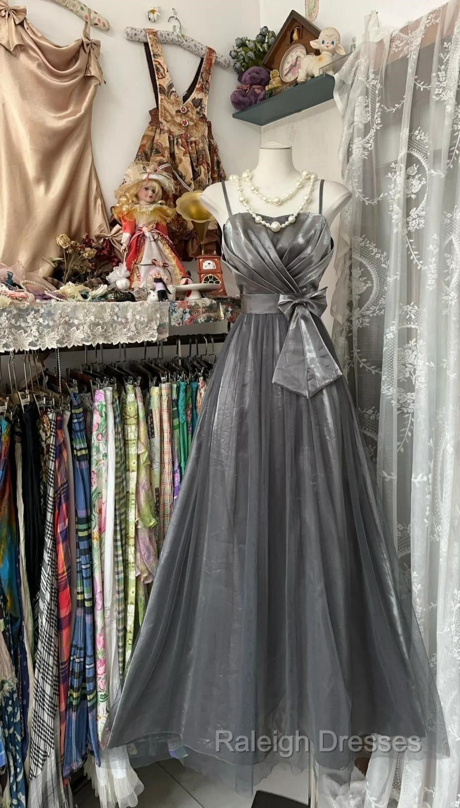 Cute Silver Grey A-Line Spaghetti Straps Tulle Satin Long Prom Dress Gorgeous Birthday Dress Evening Dress