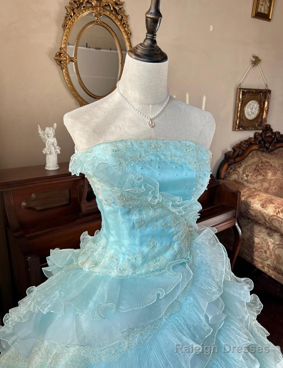 Cute Sky Blue A-Line Strapless Tulle Beaded Long Prom Dress Sequined Layered Adult Ceremony Dress