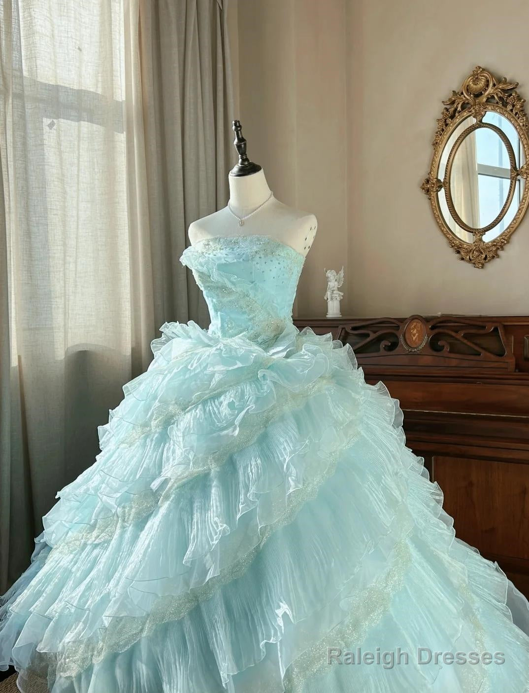 Cute Sky Blue A-Line Strapless Tulle Beaded Long Prom Dress Sequined Layered Adult Ceremony Dress