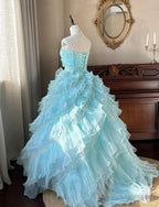 Cute Sky Blue A-Line Strapless Tulle Beaded Long Prom Dress Sequined Layered Adult Ceremony Dress