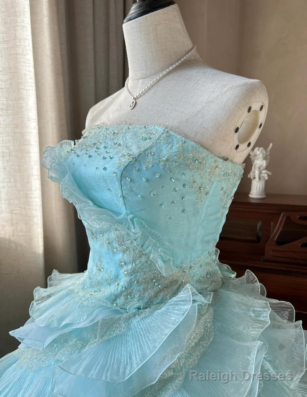 Cute Sky Blue A-Line Strapless Tulle Beaded Long Prom Dress Sequined Layered Adult Ceremony Dress