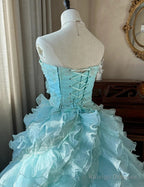 Cute Sky Blue A-Line Strapless Tulle Beaded Long Prom Dress Sequined Layered Adult Ceremony Dress