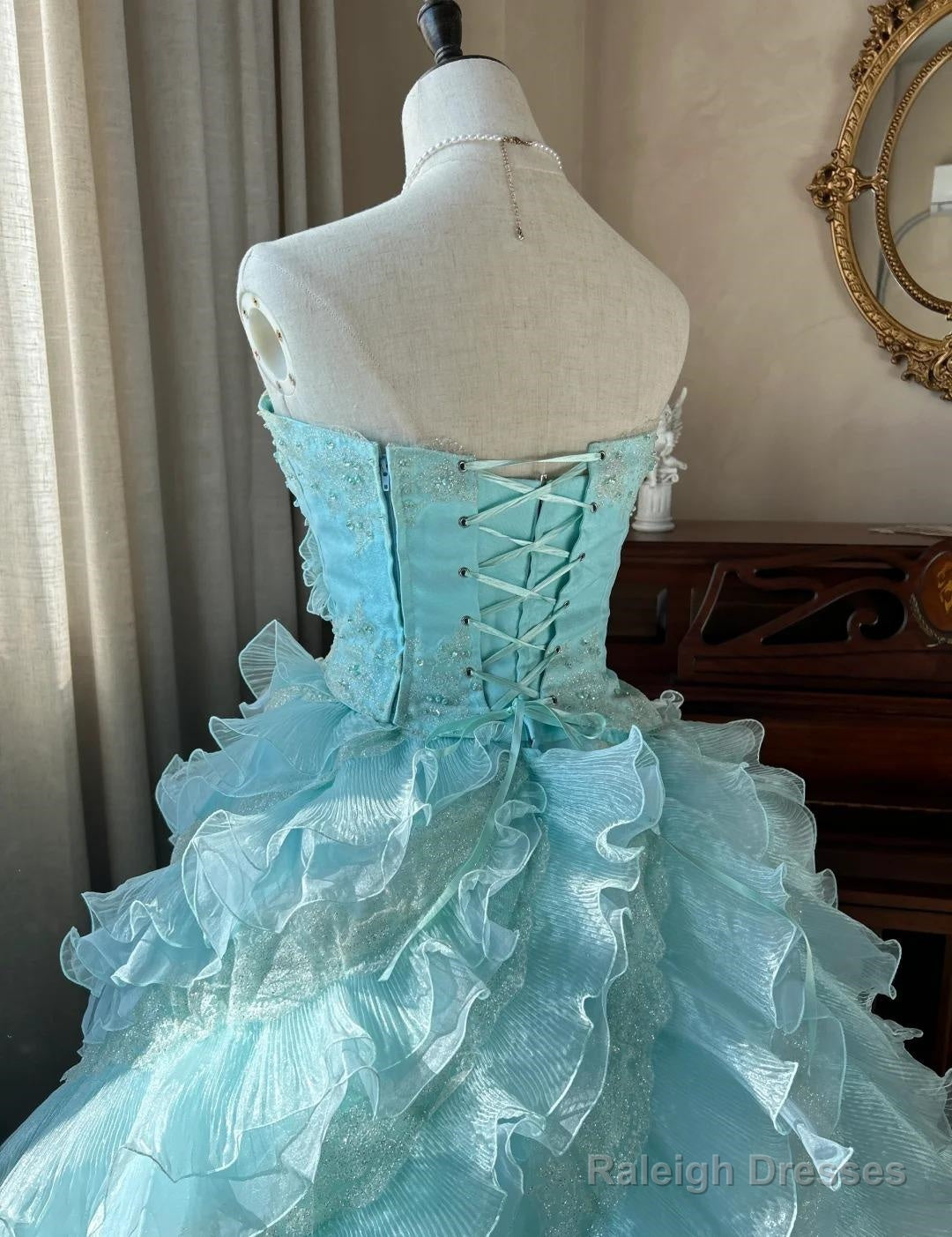 Cute Sky Blue A-Line Strapless Tulle Beaded Long Prom Dress Sequined Layered Adult Ceremony Dress