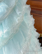 Cute Sky Blue A-Line Strapless Tulle Beaded Long Prom Dress Sequined Layered Adult Ceremony Dress