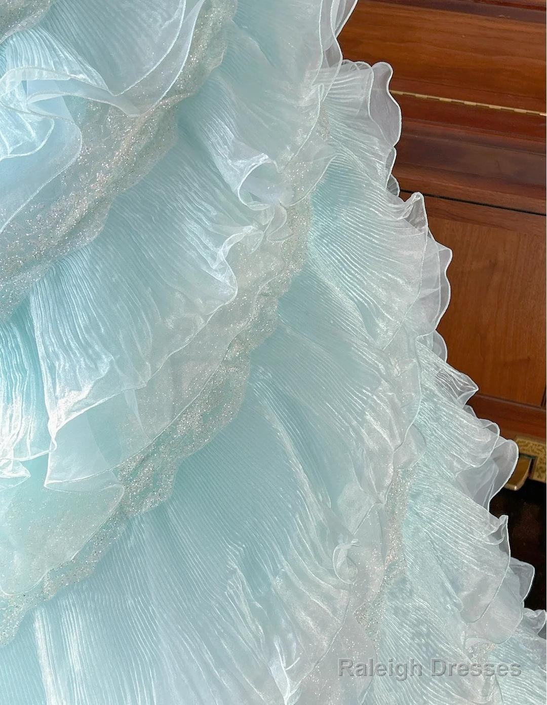 Cute Sky Blue A-Line Strapless Tulle Beaded Long Prom Dress Sequined Layered Adult Ceremony Dress