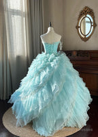 Cute Sky Blue A-Line Strapless Tulle Beaded Long Prom Dress Sequined Layered Adult Ceremony Dress