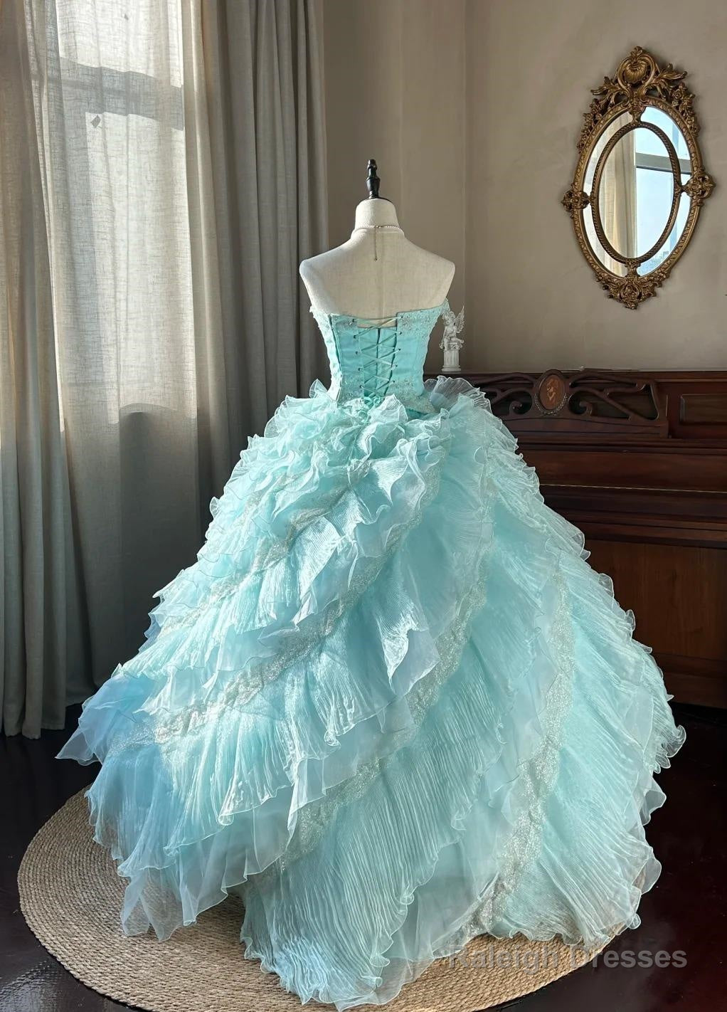 Cute Sky Blue A-Line Strapless Tulle Beaded Long Prom Dress Sequined Layered Adult Ceremony Dress