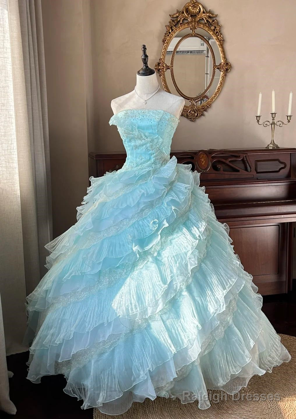Cute Sky Blue A-Line Strapless Tulle Beaded Long Prom Dress Sequined Layered Adult Ceremony Dress