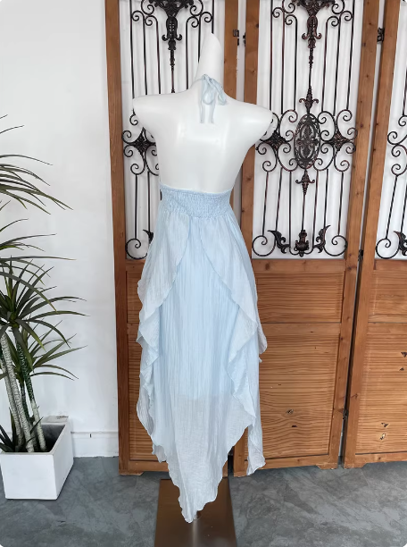 Cute Sky Blue Halter Neck Ruched Ruffled Chiffon Long Formal Prom Dress Secondary image