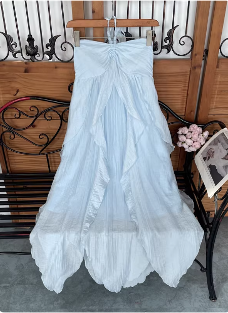 Cute Sky Blue Halter Neck Ruched Ruffled Chiffon Long Formal Prom Dress