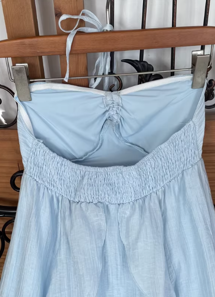 Cute Sky Blue Halter Neck Ruched Ruffled Chiffon Long Formal Prom Dress