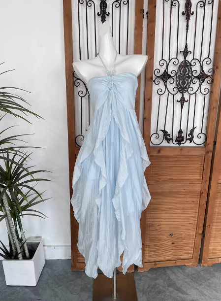 Cute Sky Blue Halter Neck Ruched Ruffled Chiffon Long Formal Prom Dress Main image