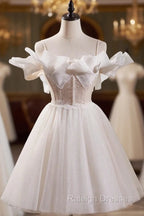 Cute Spaghetti Strap Tulle Lace Homecoming Dress, Off Shoulder Short Prom Dress