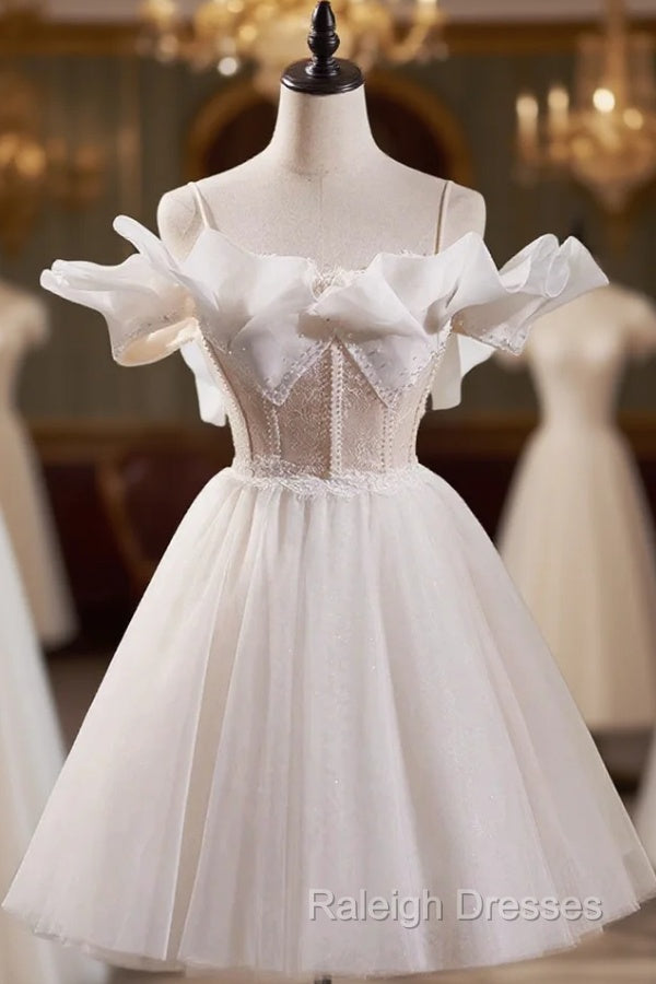 Cute Spaghetti Strap Tulle Lace Homecoming Dress, Off Shoulder Short Prom Dress