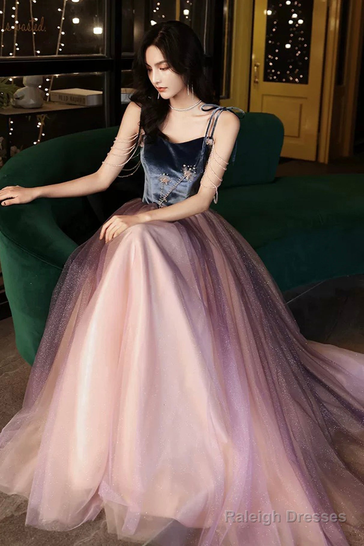 Cute Spaghetti Strap Tulle Long Prom Dress, A-Line Evening Party Dress