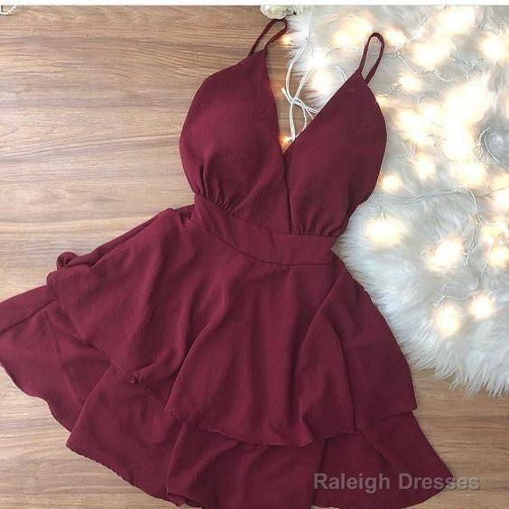 Cute Straps Burgundy Short Party Dress, Simple Homecoming Dress Main image