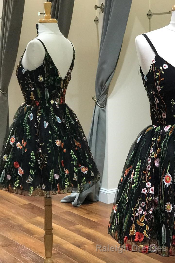 Cute Straps Embroidered Black Floral Homecoming Dress