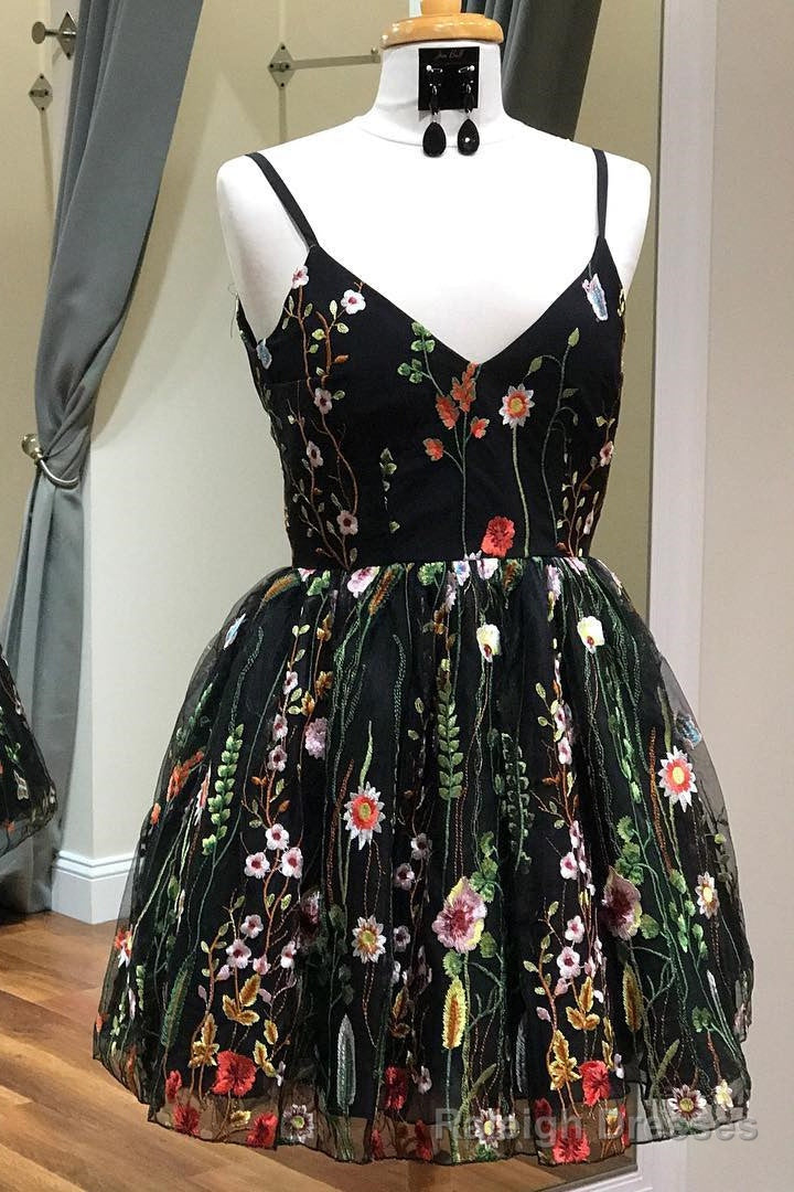 Cute Straps Embroidered Black Floral Homecoming Dress Main image