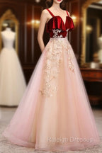 Cute Straps Velvet and Tulle Long Party Dress, A-line Evening Gown