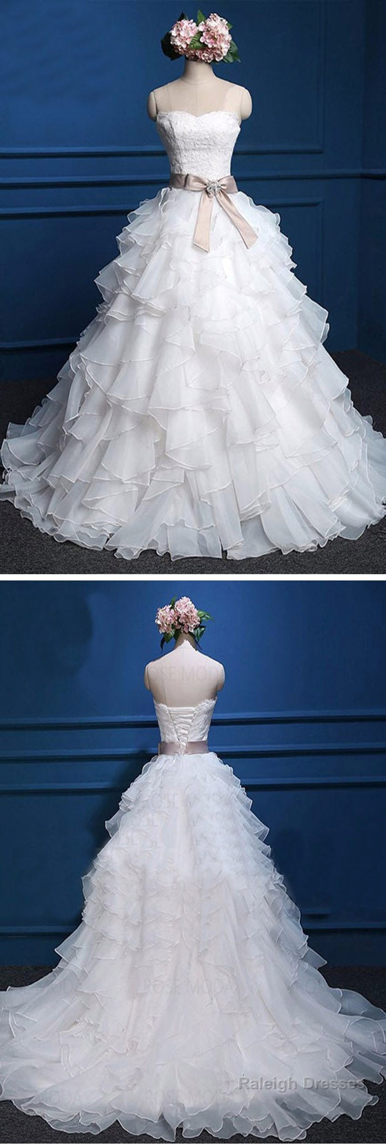 Cute Sweetheart Strapless Lace Up Back Chiffon Ruffles Satin Sash  Ball Gown Wedding Dress,