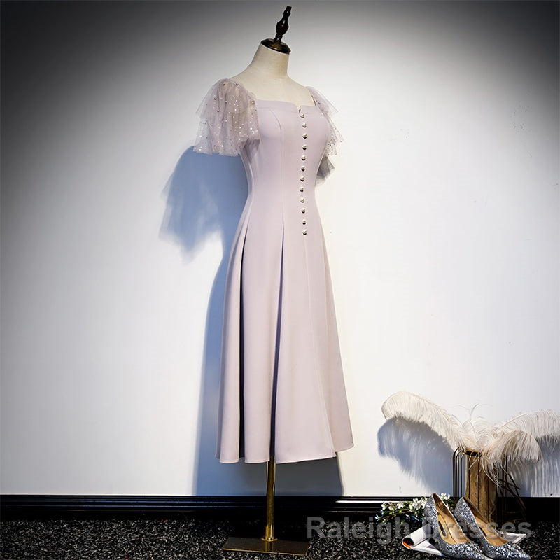 Cute Tea Length Off Shoulder Wedding Party Dress, Short Sleeves Formal Dresses Secondary image