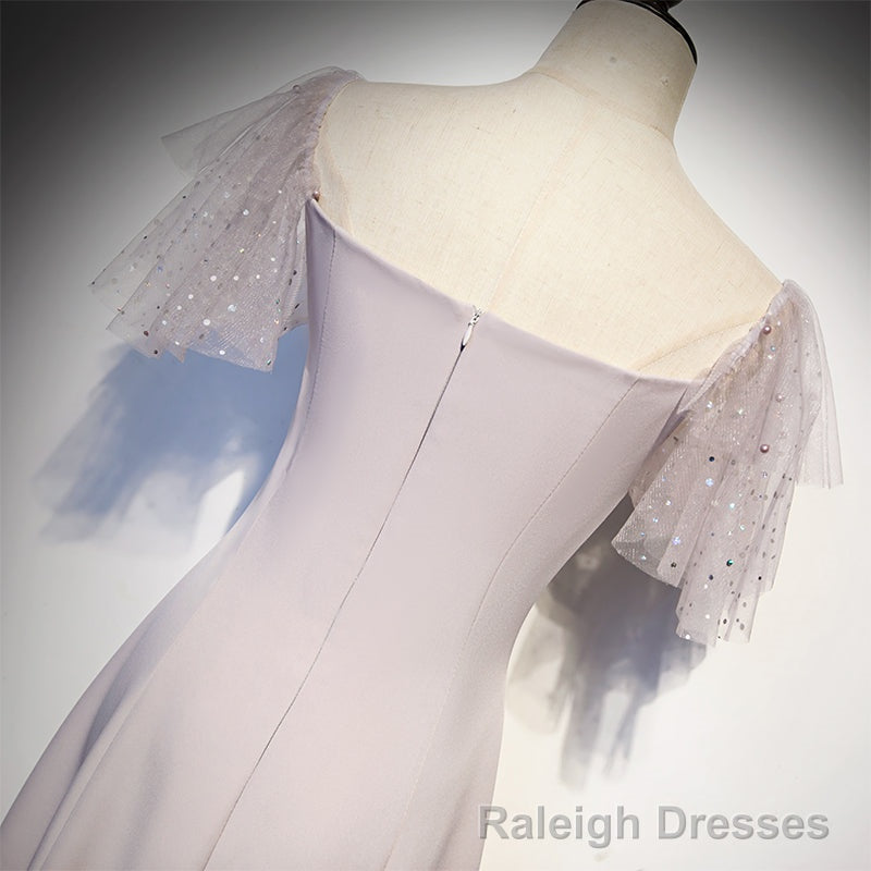 Cute Tea Length Off Shoulder Wedding Prom Dress, Short Sleeves Formal Dresses