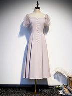 Cute Tea Length Off Shoulder Wedding Party Dress, Short Sleeves Formal Dresses